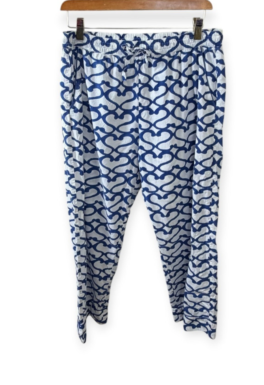 Roller Rabbit Pajamas Lounge Pants Blue White Pull On 100% Cotton Sz M Pockets